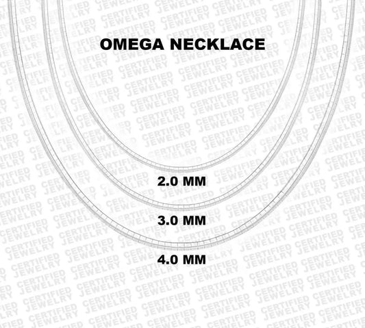 14K Solid White Gold Classic Omega Chain Necklace, 2.0 mm to 4.0 mm Wide.