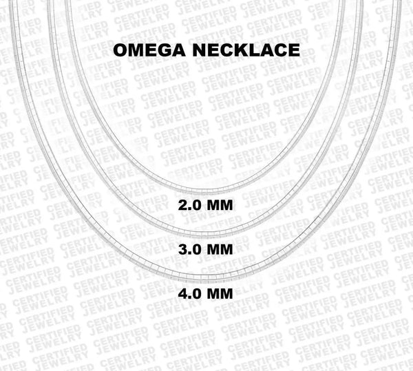 14K Solid White Gold Classic Omega Chain Necklace, 2.0 mm to 4.0 mm Wide.