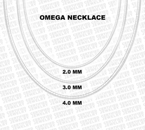 14K Solid White Gold Classic Omega Chain Necklace, 2.0 mm to 4.0 mm Wide.