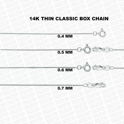 14K Solid White Gold Box Chain Necklace, 0.4mm to 0.7mm Wide