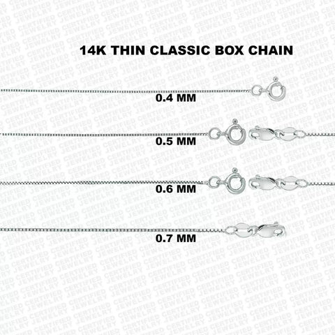 14K Solid White Gold Box Chain Necklace, 0.4mm  to 0.7mm Wide.