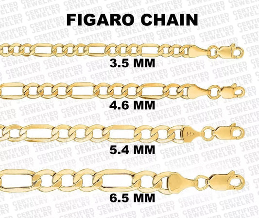 14K Yellow Gold Figaro Chain Necklace, 3.5mm to 6.5mm Wide.