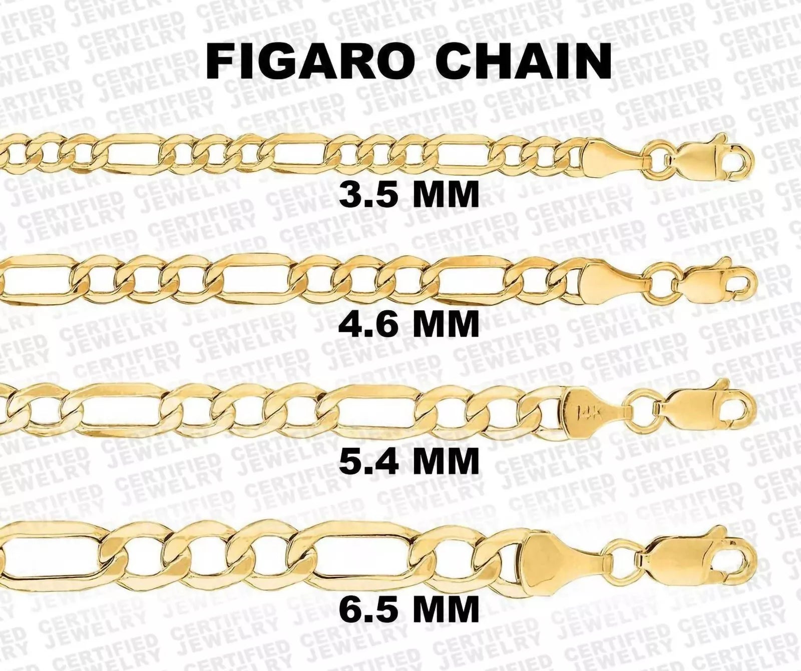 14K Yellow Gold Figaro Chain Necklace, 3.5mm to 6.5mm Wide.