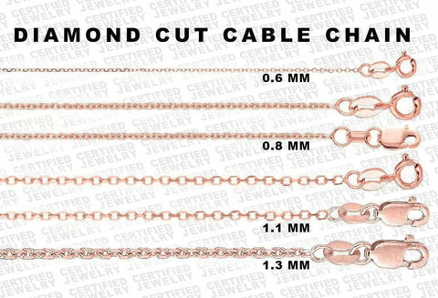 14K Solid Rose Gold Diamond Cut Cable Link Chain Necklace, 0.6mm to 1.1mm Wide.