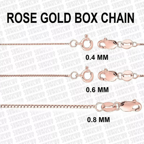 14K Solid Rose Gold Box Chain Necklace, 0.5 mm to 0.8 mm Wide.