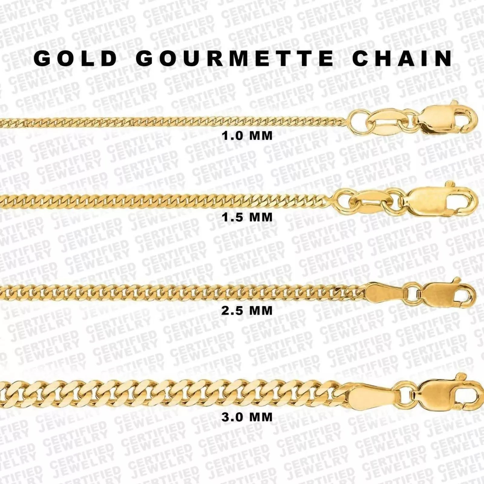 14K Solid Gold Gourmette Chain Necklace, 1.0 mm to 3.0 mm Wide.