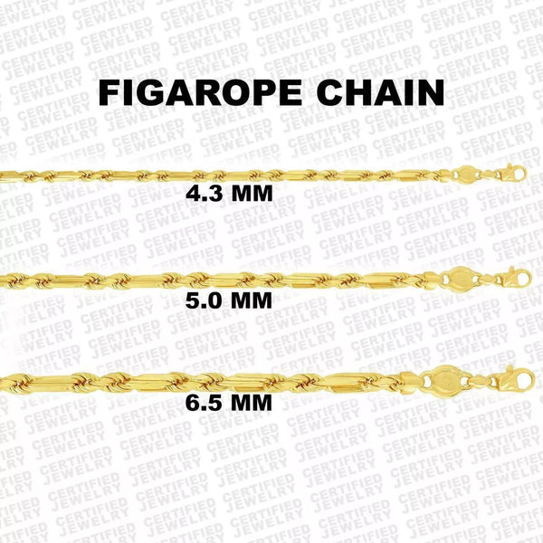 14k Solid Gold Figarope Chain, 4.3 mm to 6.5 mm Wide Necklace