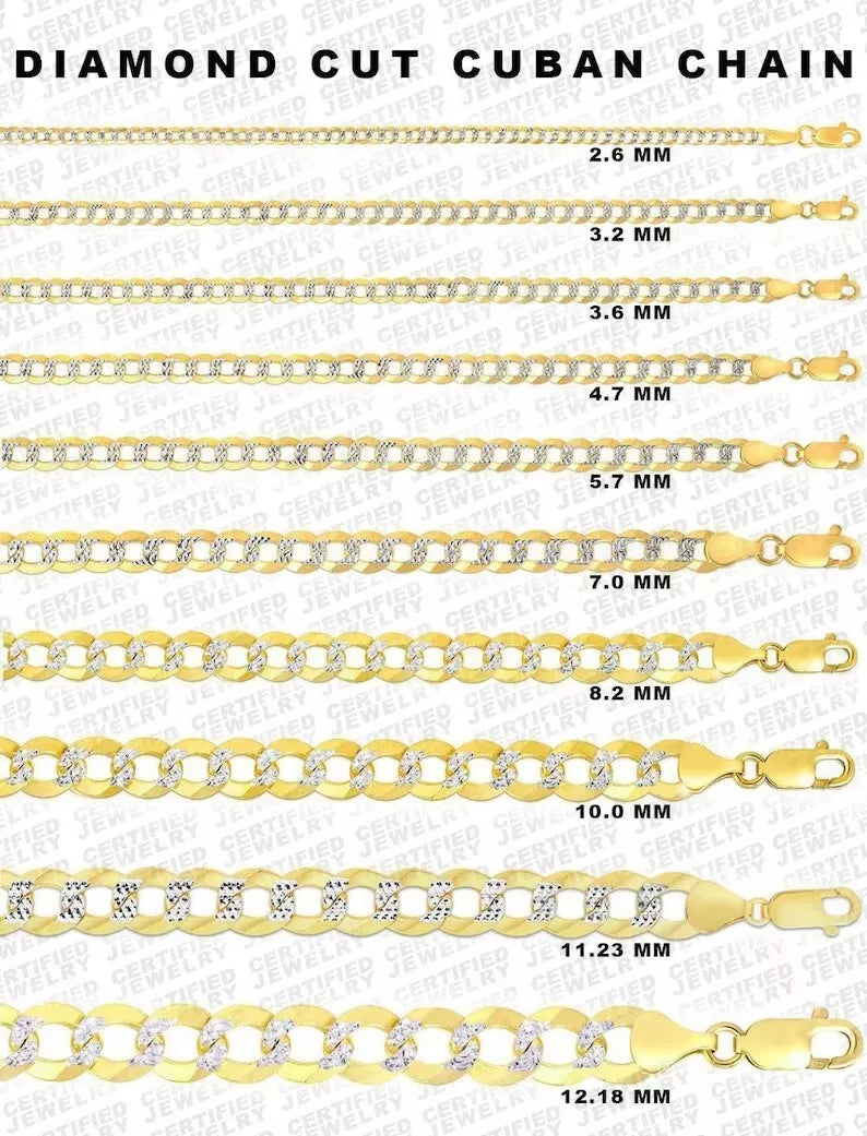 14K Solid Gold Diamond Cut Curb Link Chain, 2.6mm to 12.25mm Wide Necklace