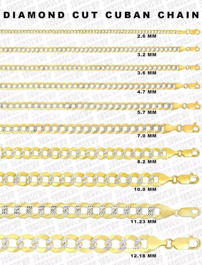 14K Solid Gold Diamond Cut Curb Link Chain, 2.6mm to 12.25mm Wide Necklace