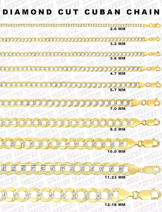 14K Solid Gold Diamond Cut Curb Link Chain, 2.6mm to 12.25mm Wide Necklace