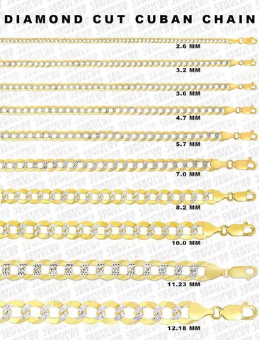 14K Solid Gold Diamond Cut Curb Link Chain Necklace, 2.6 mm to 12.25 mm Wide.