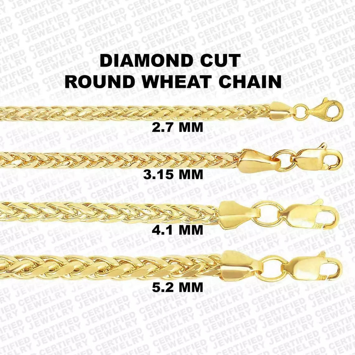 14K Yellow Gold Diamond Cut Round Wheat Chain Necklace, 2.7mm to 5.2mm Wide