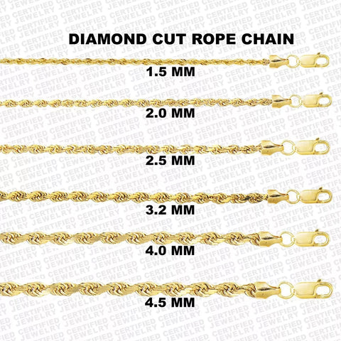 10K Yellow Gold Diamond Cut Rope Chain Necklace, 16" - 24" Inch, 1.5mm - 4mm