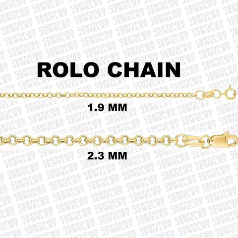 14K Gold Rolo Chain Necklace, 2.0mm to 2.4mm Wide.