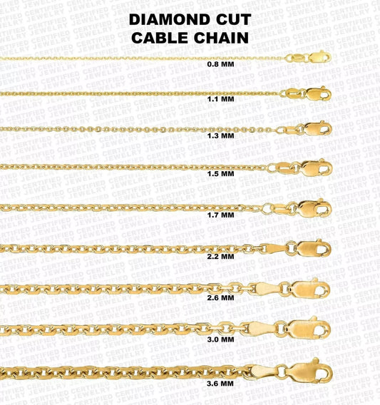 14K Yellow Gold Diamond Cut Oval Cable Link Chain Necklace, 0.8mm to 3.6mm Wide.