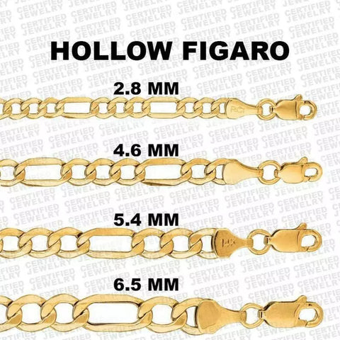 10K Yellow Gold Figaro Hollow Chain, 18" 20" 24" Inch, 2.8MM To 6.5MM