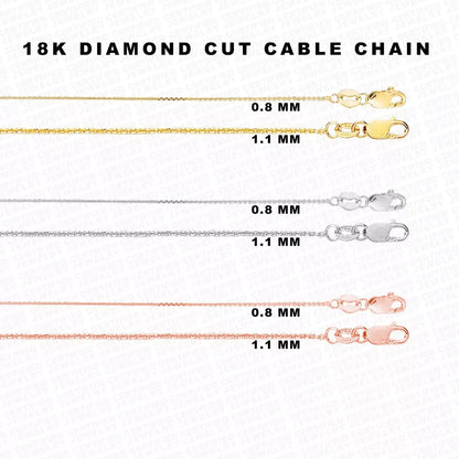 18k Solid Yellow Rose White Gold Diamond Cut Cable Link Necklace Pendant Chain, 0.8mm to 1.1mm Wide.