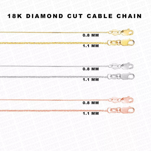 18k Solid Yellow Rose White Gold Diamond Cut Cable Link Necklace Pendant Chain, 0.8mm to 1.1mm Wide.