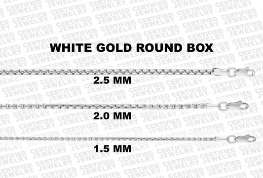 14K White Gold Round Box Chain Necklace, 1.5mm to 2.5mm Wide