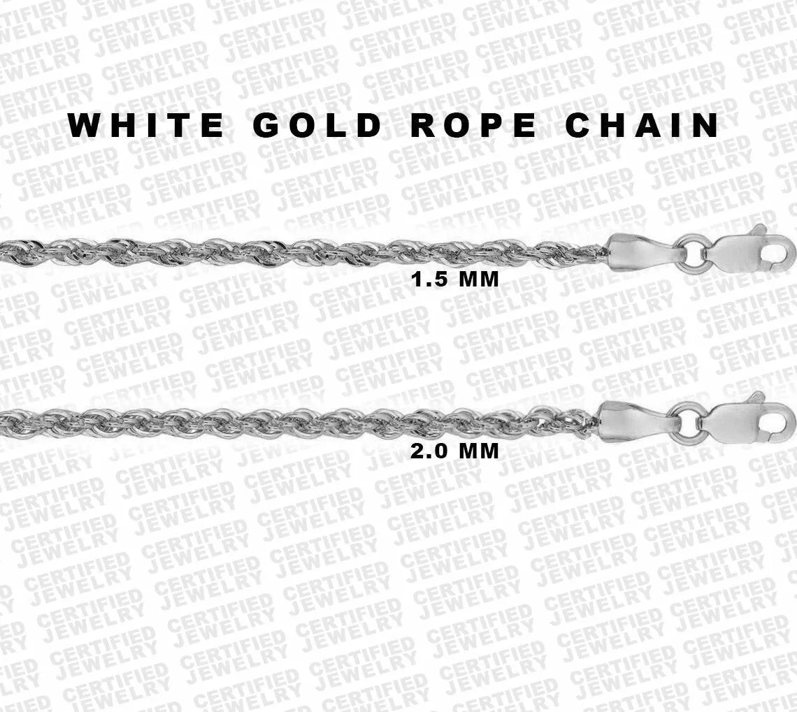 14K White Gold Rope Chain Necklace, 1.5mm to 2.5mm Wide.