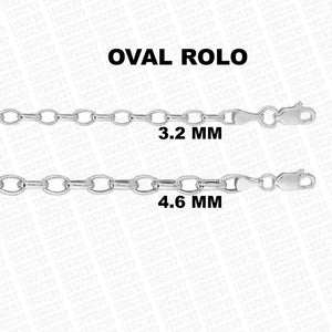 14K White Gold Oval Rolo Chain Necklace, 3.2mm to 4.6mm Wide.