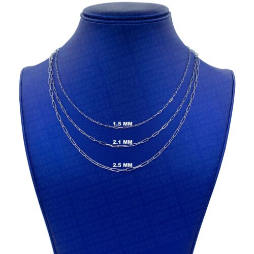 14k Solid White Gold Paperclip Chain Necklace, 1.5mm to 2.1mm Wide