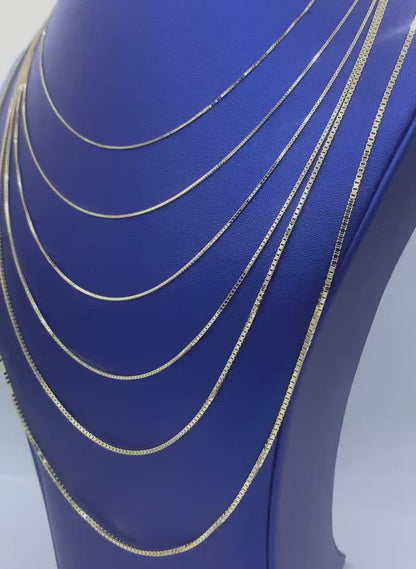 Solid 14K Yellow Gold Box Chain Necklace, 0.8mm To 2.0mm Wide