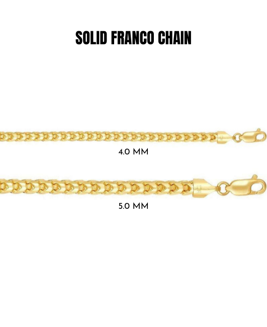 14K solid gold round diamond cut franco chain necklace, 4mm width, 24 inch length