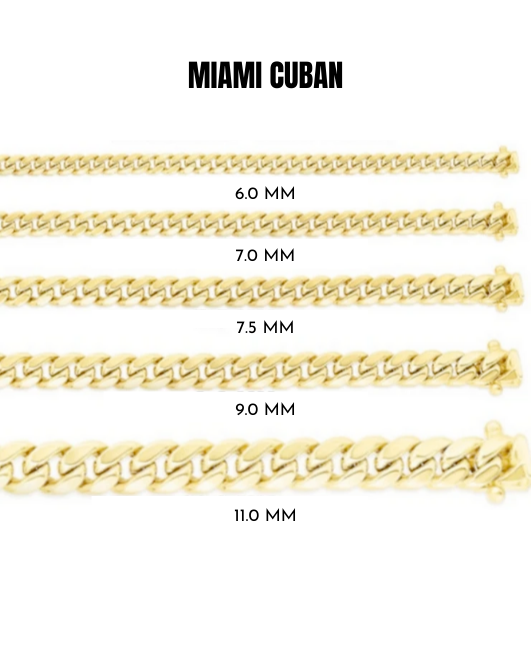 10K Yellow Gold Miami Cuban Chain Necklace, 6mm to 11mm Wide.