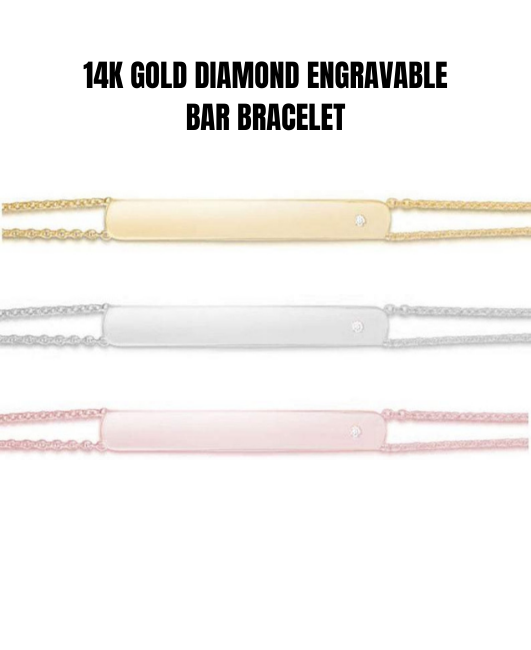 Solid 14K Gold Diamond Engravable Bar Bracelet