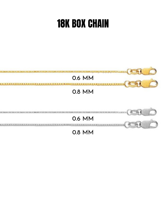 18K Solid Yellow or White Gold Box Link Chain Necklace, 0.6mm to 0.8mm Wide.