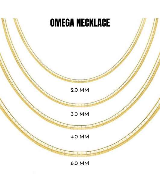 14K Solid Gold Classic Omega Chain Necklace, 2.00 mm to 6.00 mm Wide.