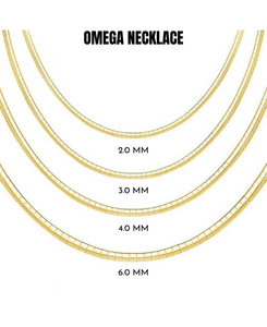 14K Solid Gold Classic Omega Chain Necklace, 2.00 mm to 6.00 mm Wide.