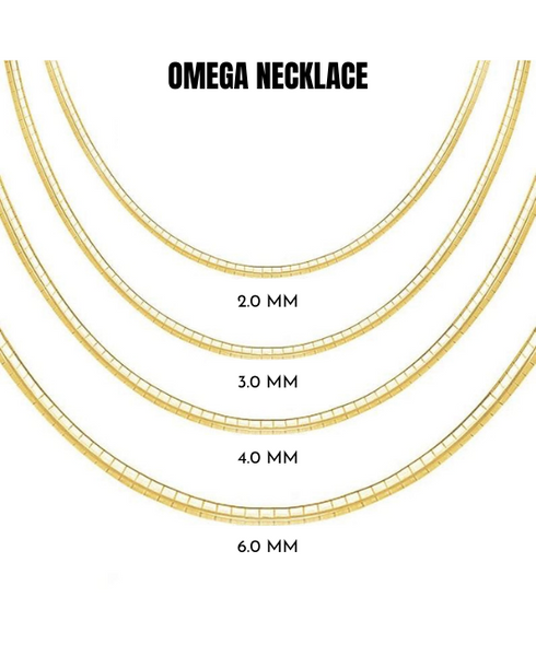 14K Solid Gold Classic Omega Chain Necklace, 2.00 mm to 6.00 mm Wide.