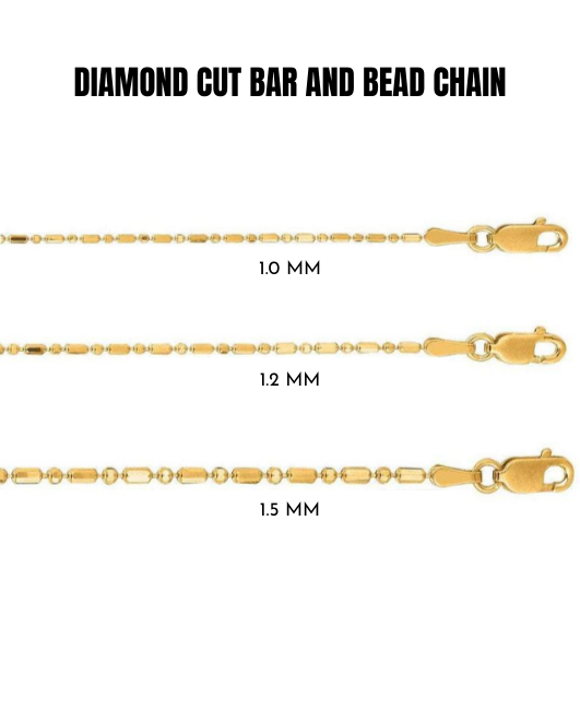 14K Solid Yellow Gold Bar and Ball Chain Necklace,1.0 MM TO 1.50 MM Wide.