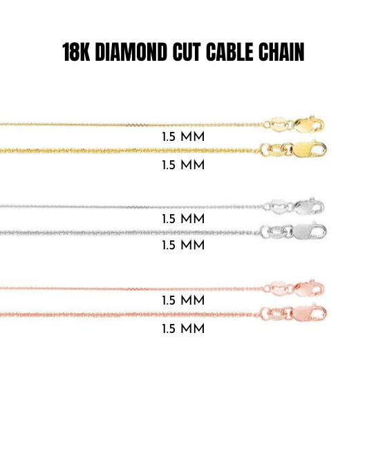 18k Solid Yellow Rose White Gold Diamond Cut Cable Link Necklace Pendant Chain, 0.8mm to 1.1mm Wide.