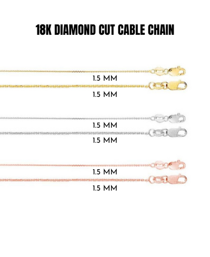 18k Solid Yellow Rose White Gold Diamond Cut Cable Link Necklace Pendant Chain, 0.8mm to 1.1mm Wide.