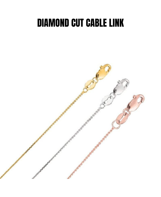 18k Solid Yellow Rose White Gold Diamond Cut Cable Link Necklace Pendant Chain, 0.8mm to 1.1mm Wide.