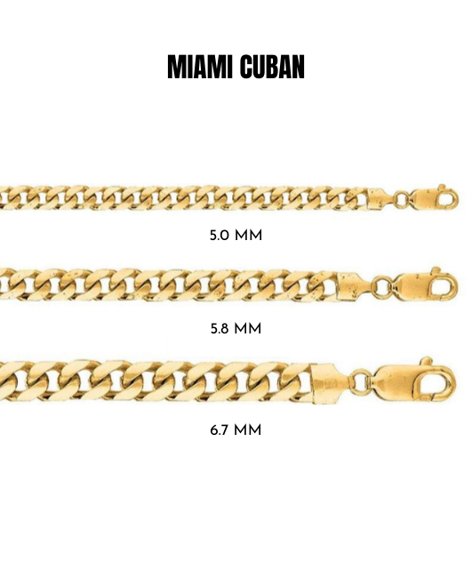 14K Solid Yellow Gold Miami Cuban Chain,5.0mm to 6.7mm Wide.