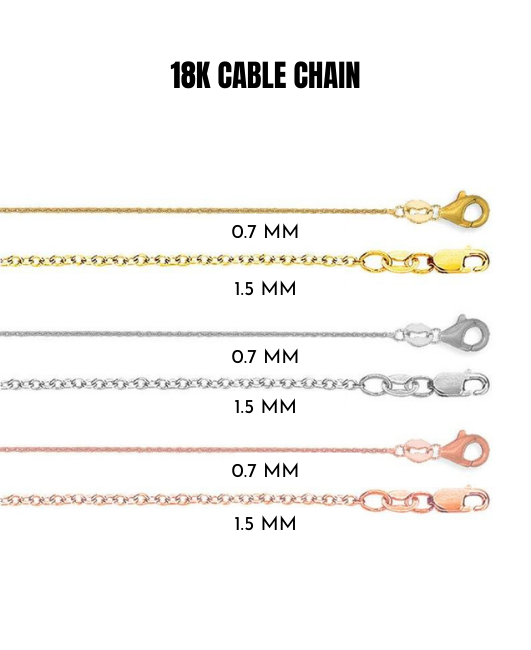 18K Solid Yellow, White Or Rose Gold Cable Chain Necklace, 0.7mm to 1.5mm Wide.