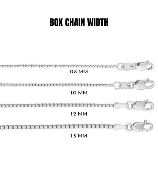 14K Solid White Gold Box Chain Necklace, 0.8mm to 1.5mm Wide.