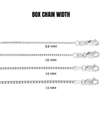 14K Solid White Gold Box Chain Necklace, 0.8mm to 1.5mm Wide.