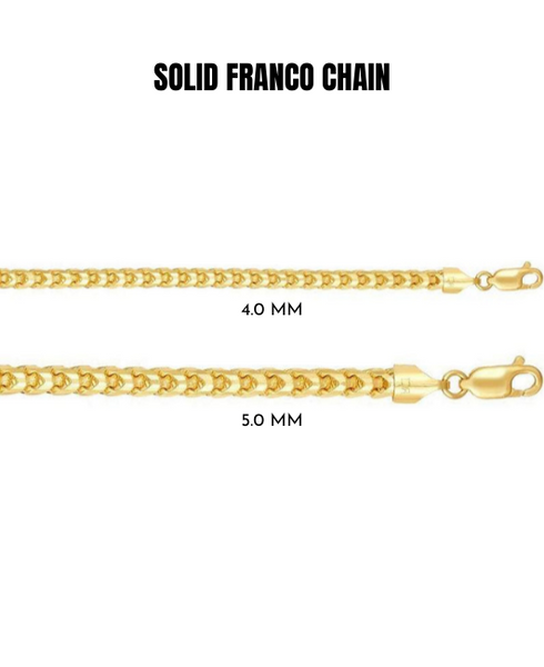 14K Solid Gold Round Diamond Cut Franco Chain Necklace, 4.0 mm to 5.0 mm Wide.