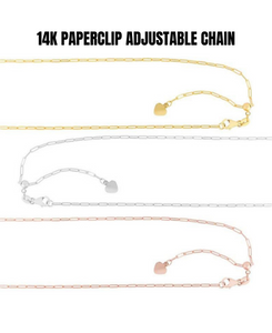 14k Solid Gold Paperclip Adjustable Chain Necklace, 1.5 mm Wide.