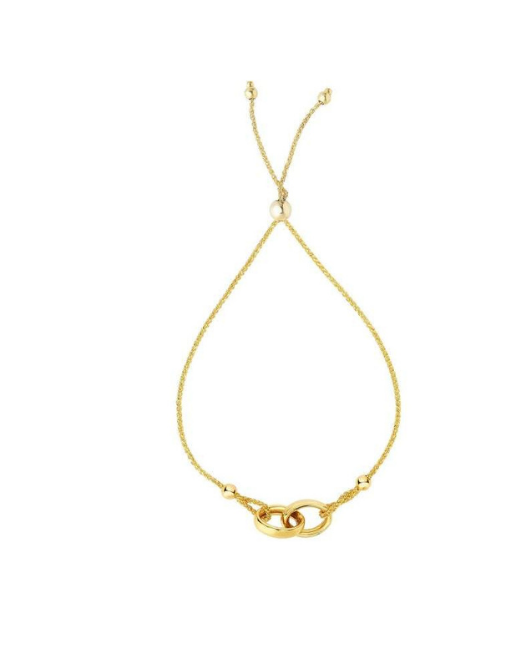 14k 9.25" Yellow Gold Interlocked Double Ring Center on Wheat Chain Bracelet