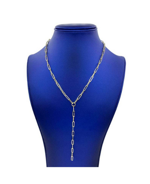 14K Gold 17" Inches Lariat Paperclip Y-Necklace with Pear Shaped Lobster Clasp
