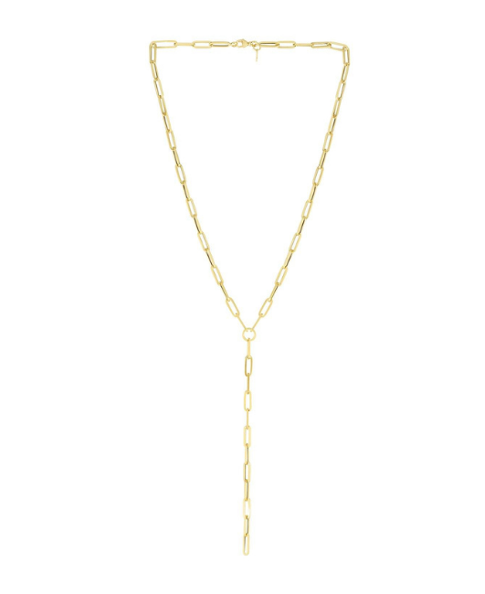 14K Gold 17" Inches Lariat Paperclip Y-Necklace with Pear Shaped Lobster Clasp