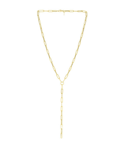 14K Gold 17" Inches Lariat Paperclip Y-Necklace with Pear Shaped Lobster Clasp