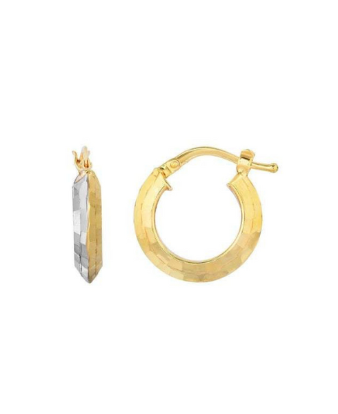 10k Yellow and White Gold Diamond Cut Fancy Round Tube Two Tone Hoop Earring