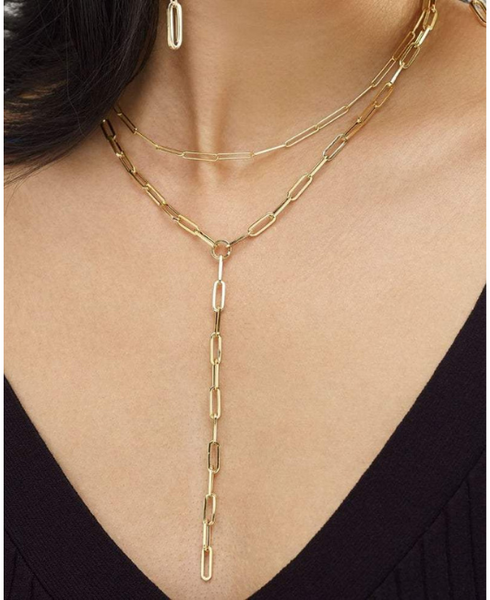 14K Gold 17" Inches Lariat Paperclip Y-Necklace with Pear Shaped Lobster Clasp